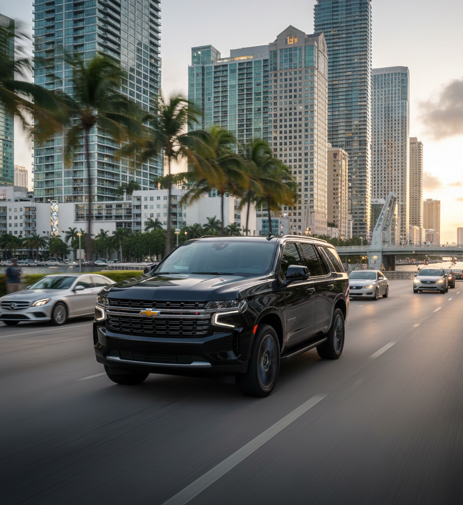 Late-model luxury SUV driving in Miami